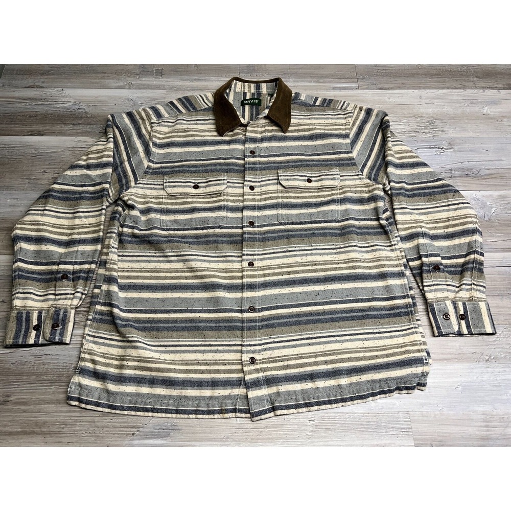 Orvis Flannel Button Up Shirt Suede Collar Striped Mens Size L Western‎ Blue Tan